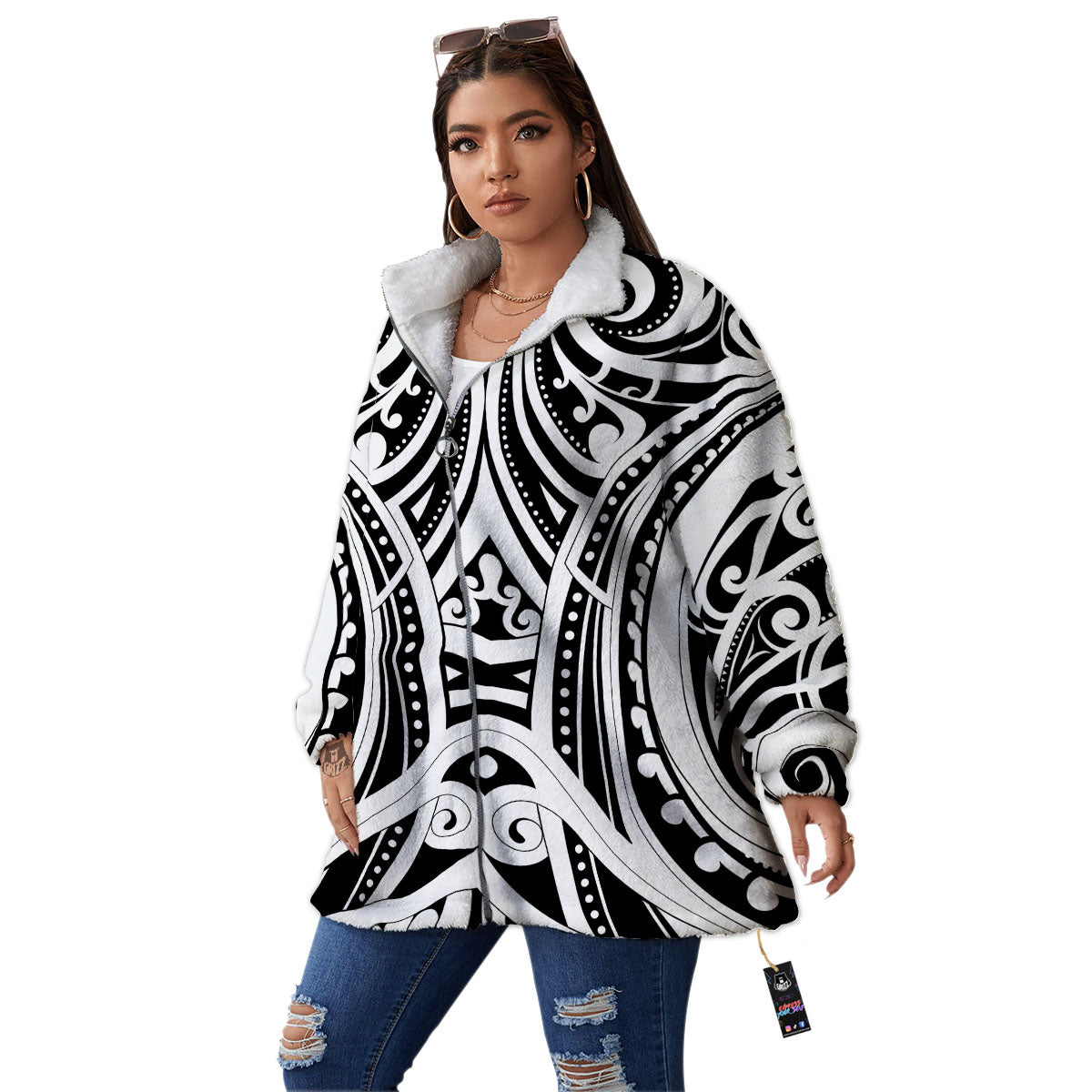 Maori Tattoo White And Black Print Women's Sherpa Jacket-grizzshop