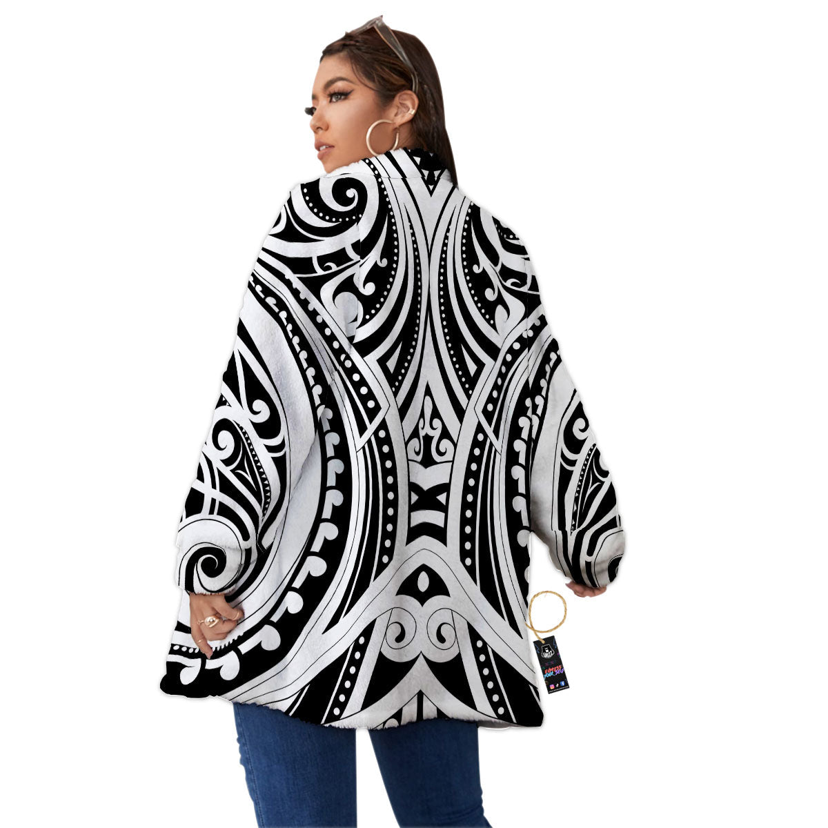 Maori Tattoo White And Black Print Women's Sherpa Jacket-grizzshop