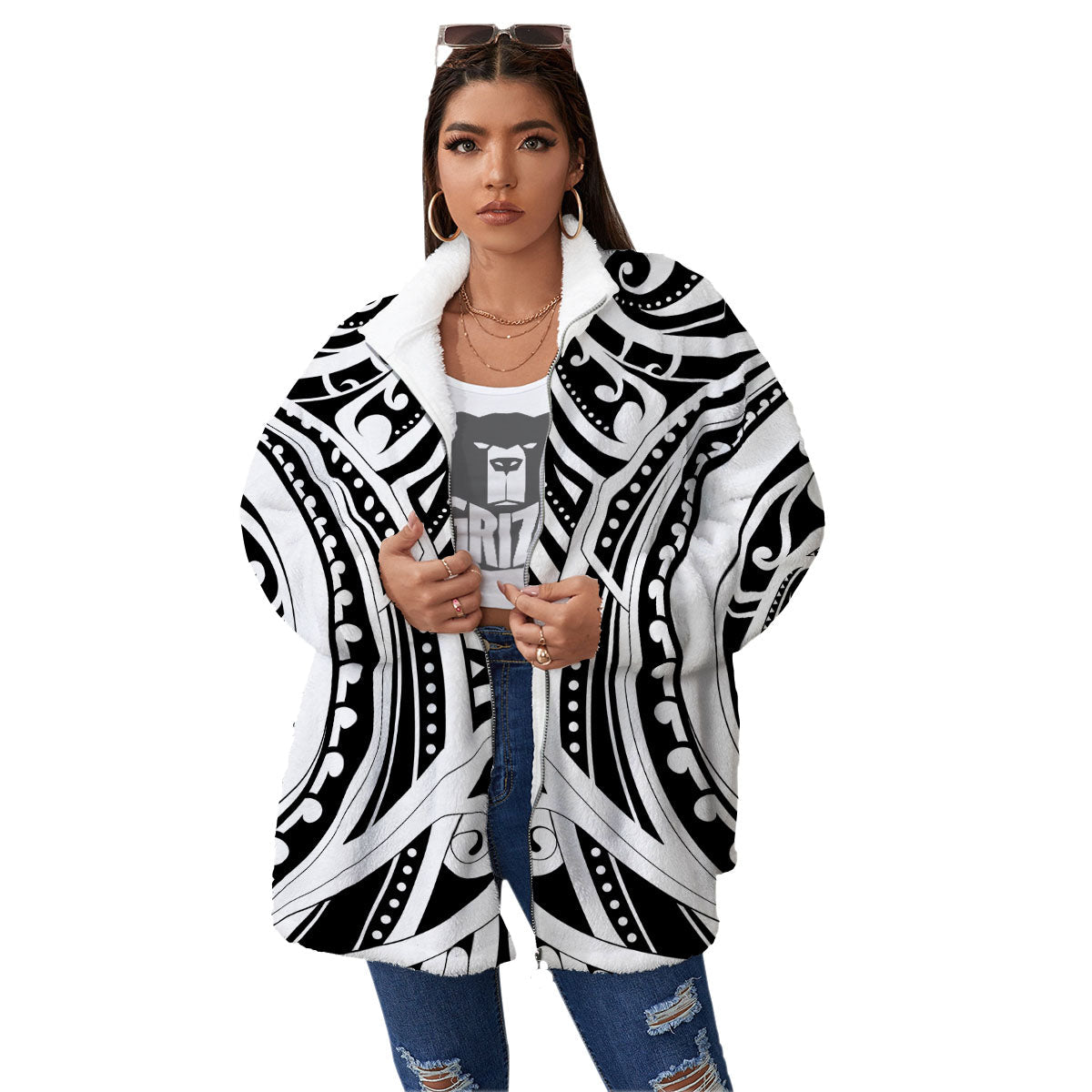 Maori Tattoo White And Black Print Women's Sherpa Jacket-grizzshop