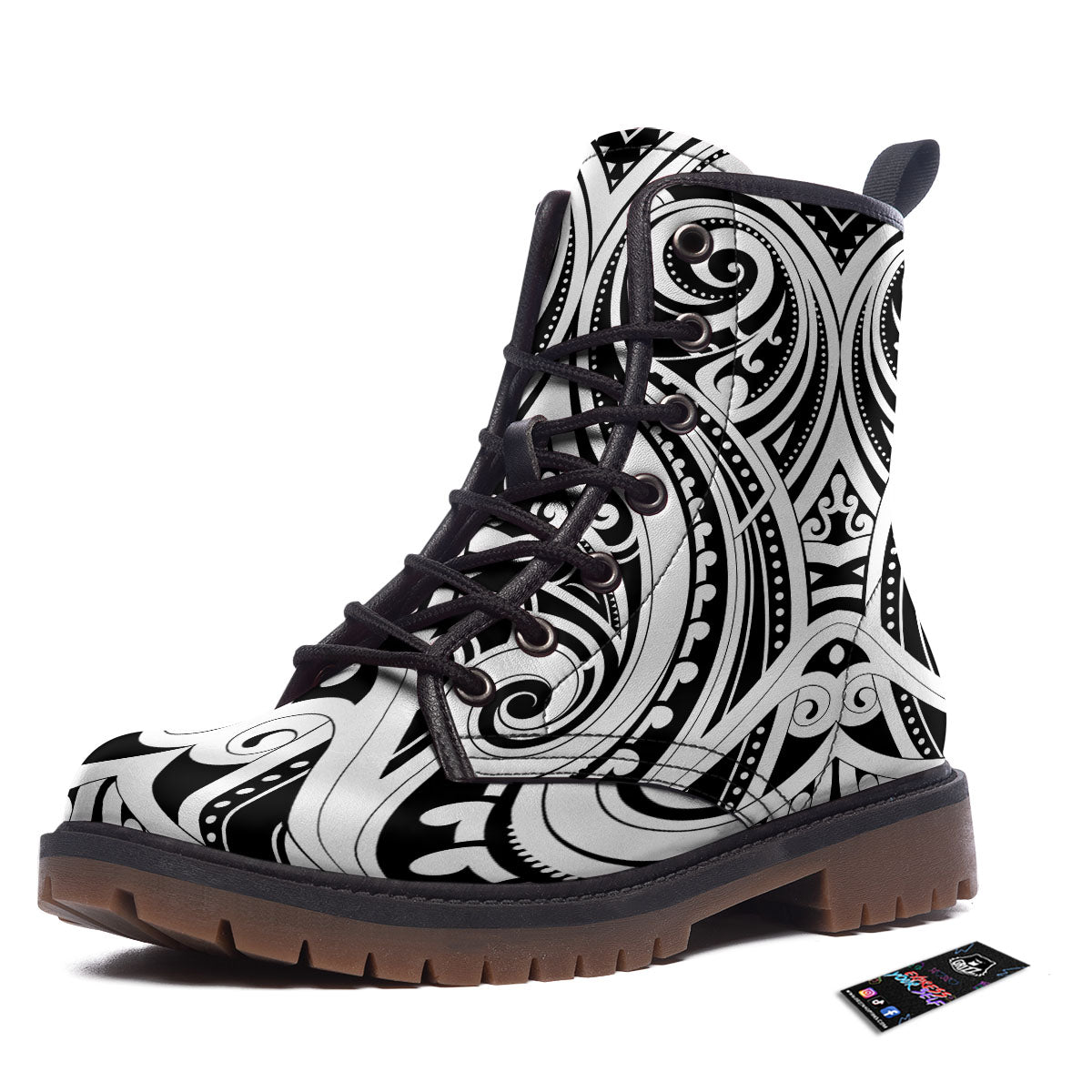 Maori Tattoo White And Black Print Work Boots-grizzshop