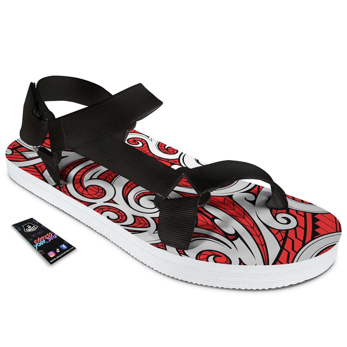Maori Tribal Polynesian Kowhaiwhai Print Black Open Toe Sandals-grizzshop
