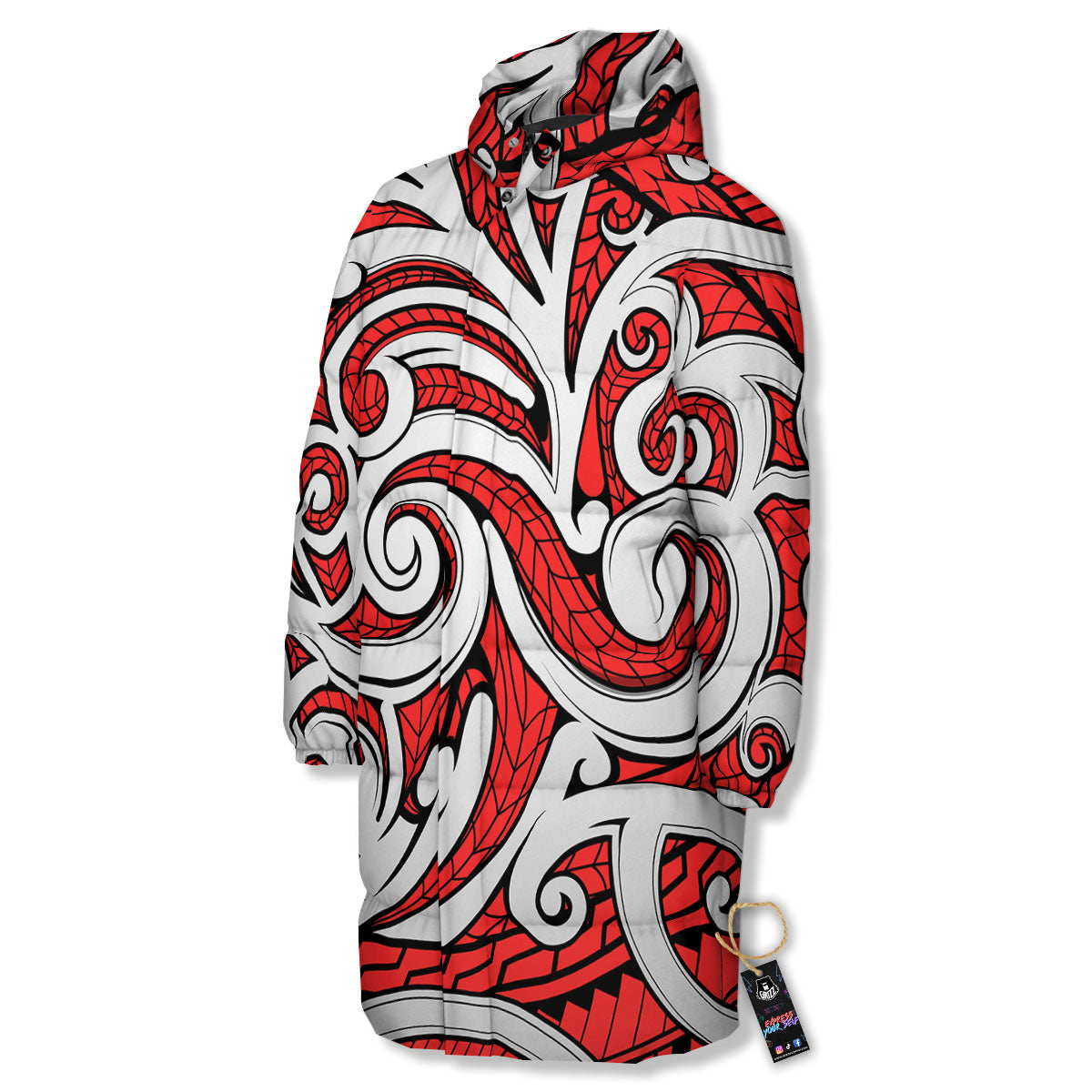 Maori Tribal Polynesian Kowhaiwhai Print Long Down Jacket-grizzshop
