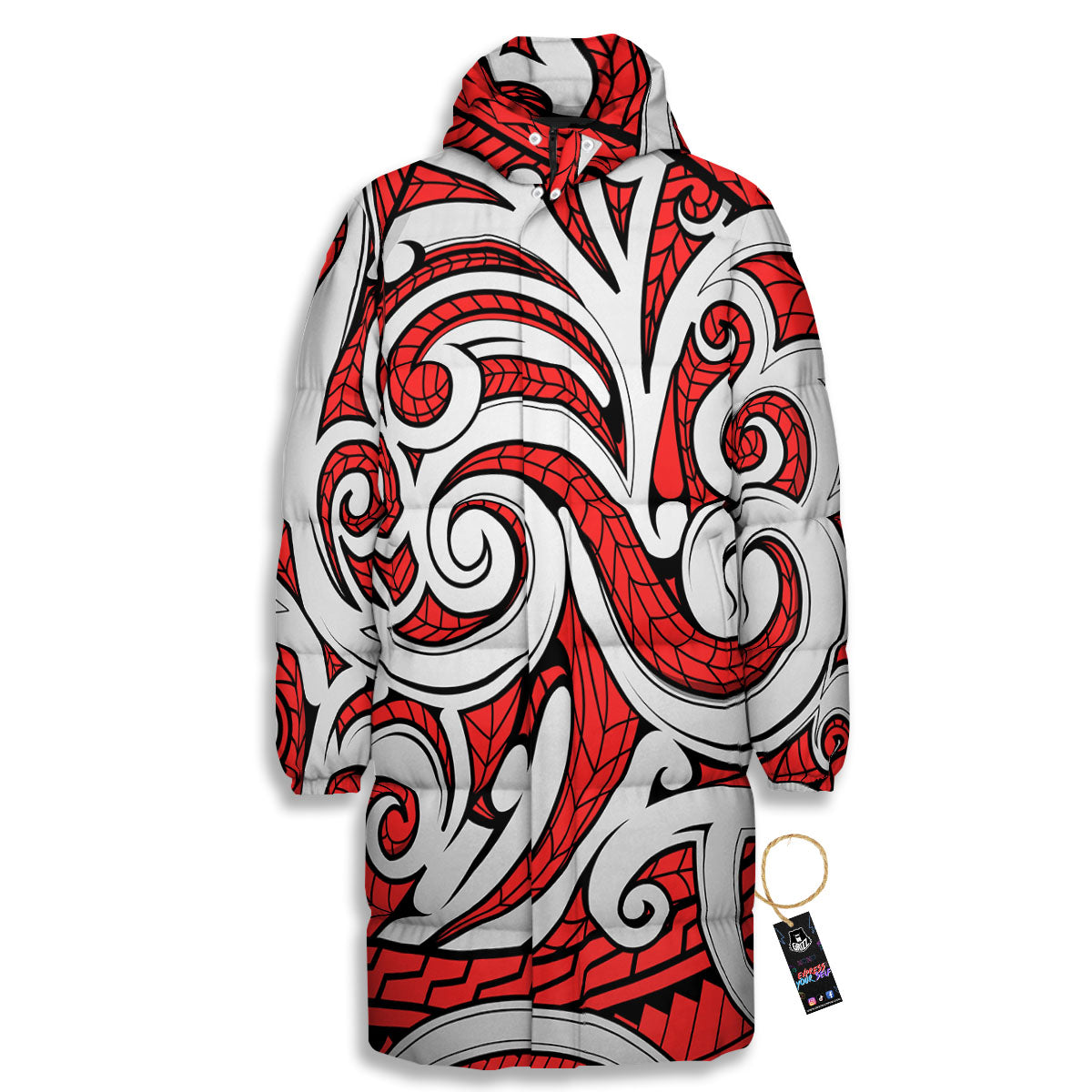 Maori Tribal Polynesian Kowhaiwhai Print Long Down Jacket-grizzshop
