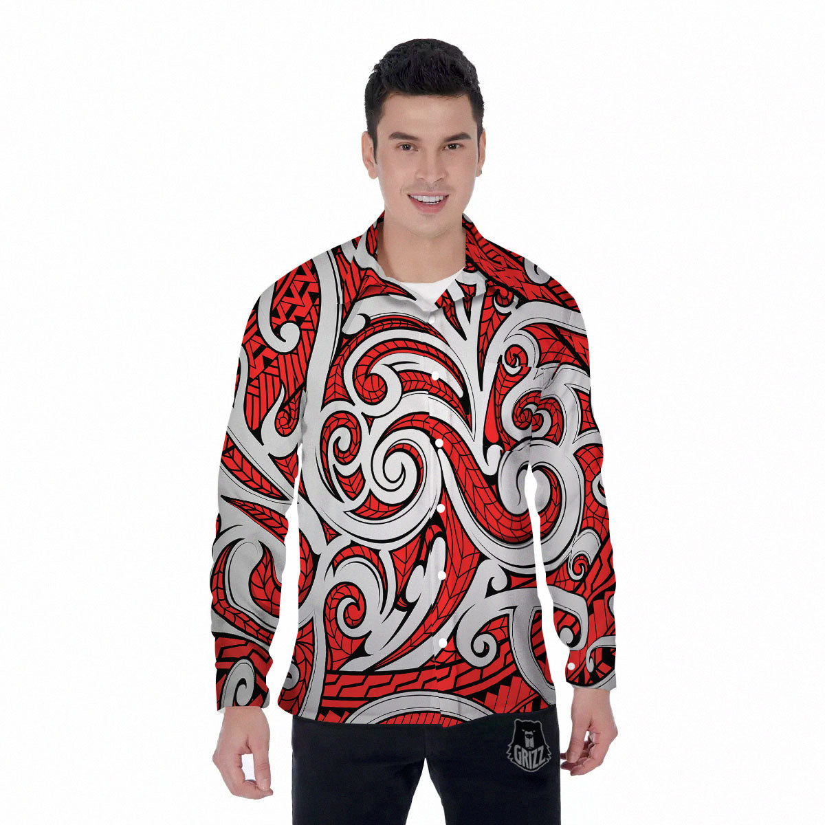 Maori Tribal Polynesian Kowhaiwhai Print Men's Long Sleeve Shirts-grizzshop