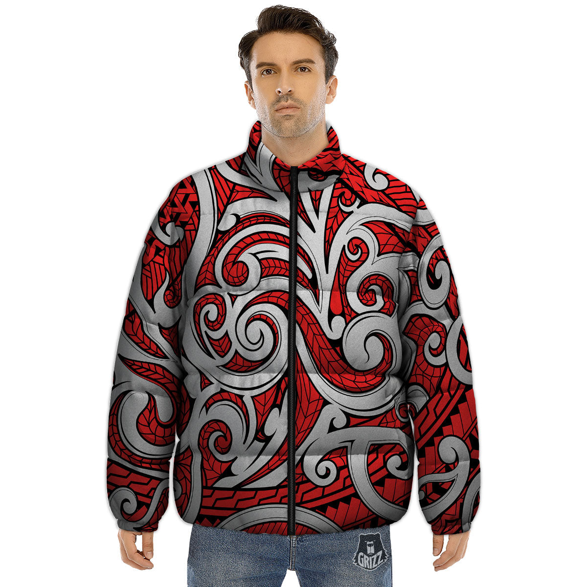 Maori Tribal Polynesian Kowhaiwhai Print Puffer Jacket-grizzshop
