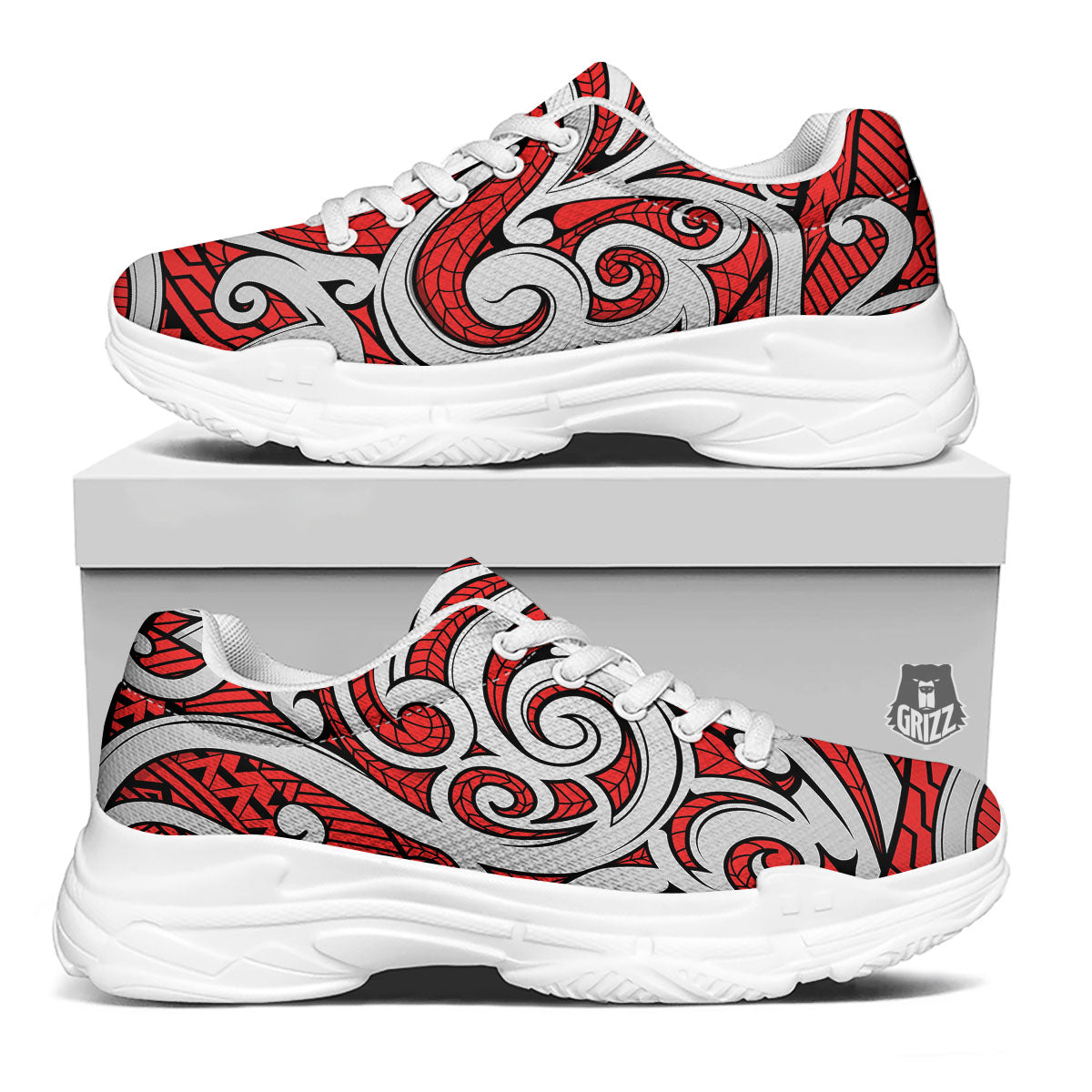 Maori Tribal Polynesian Kowhaiwhai Print White Chunky Shoes-grizzshop
