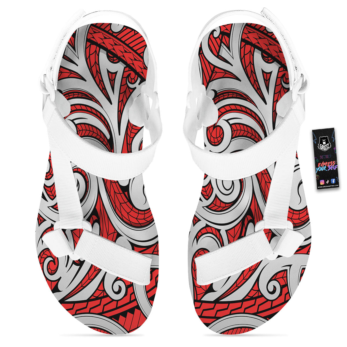 Maori Tribal Polynesian Kowhaiwhai Print White Open Toe Sandals-grizzshop