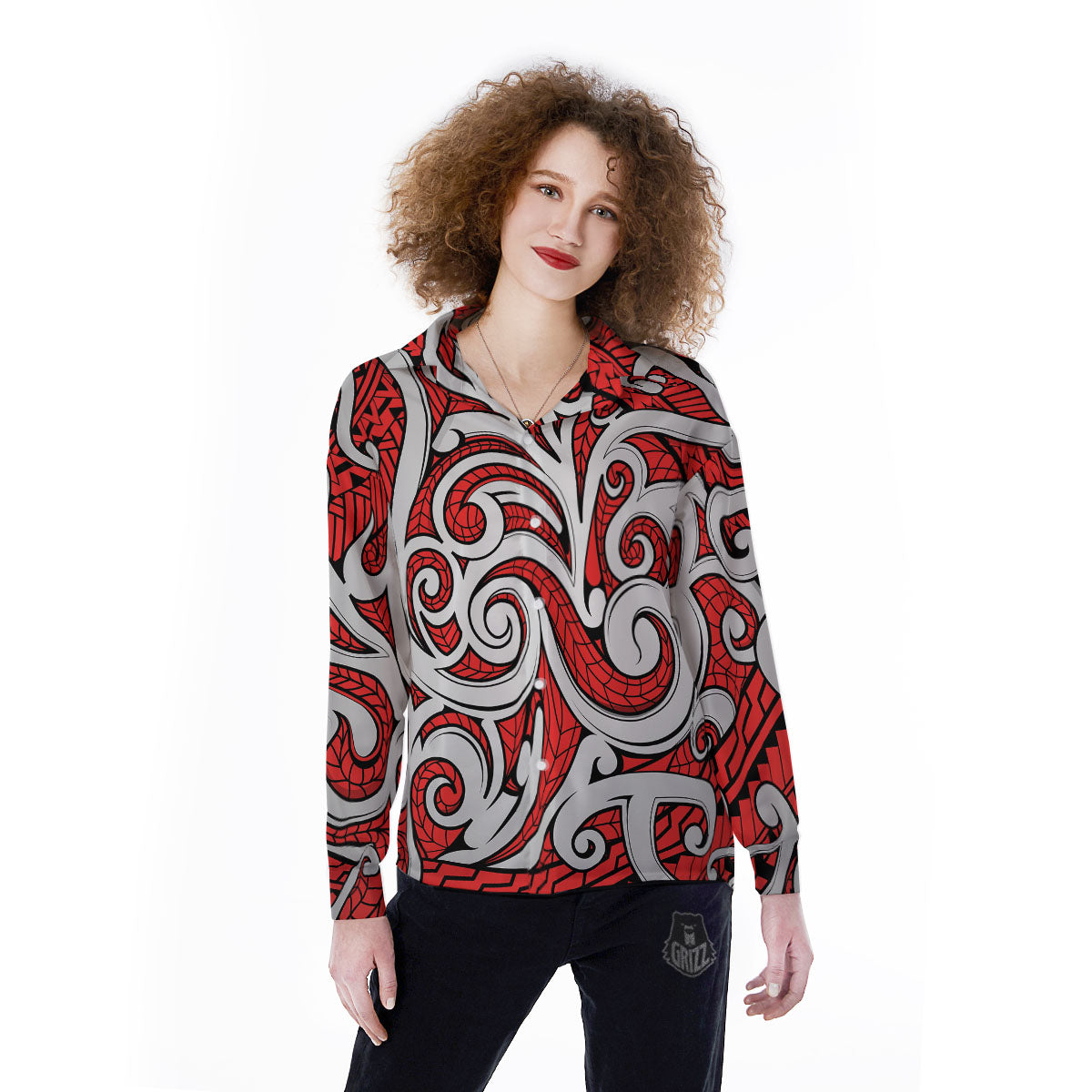Maori Tribal Polynesian Kowhaiwhai Print Women's Long Sleeve Shirts-grizzshop