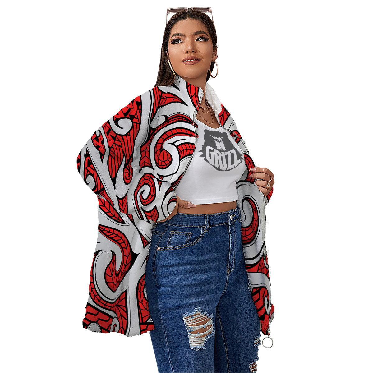 Maori Tribal Polynesian Kowhaiwhai Print Women's Sherpa Jacket-grizzshop