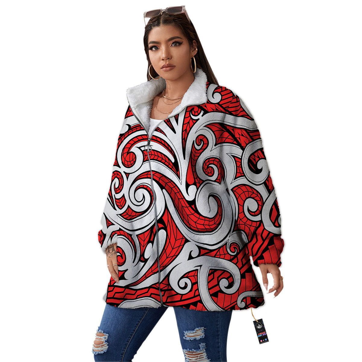Maori Tribal Polynesian Kowhaiwhai Print Women's Sherpa Jacket-grizzshop