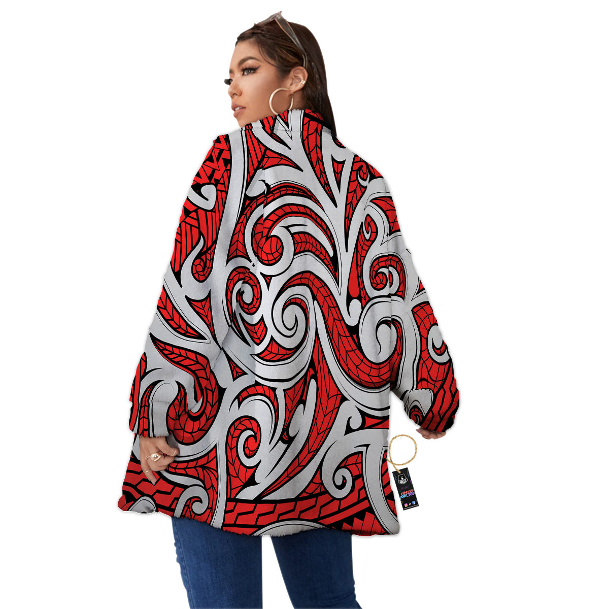 Maori Tribal Polynesian Kowhaiwhai Print Women's Sherpa Jacket-grizzshop