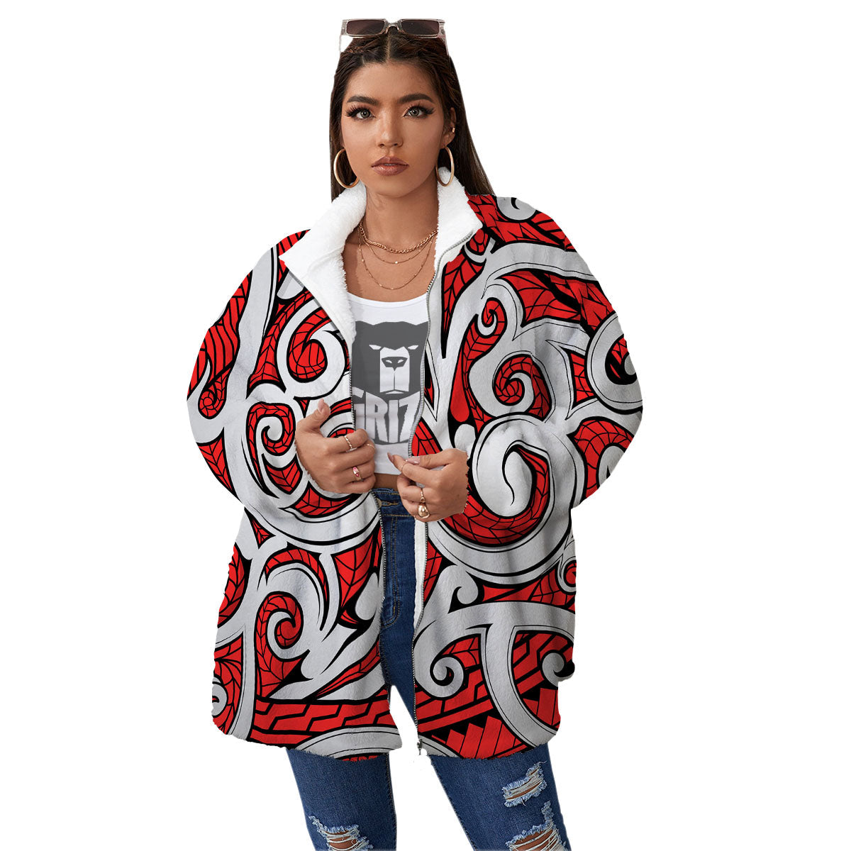 Maori Tribal Polynesian Kowhaiwhai Print Women's Sherpa Jacket-grizzshop