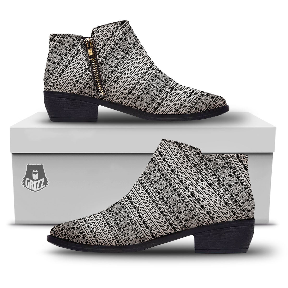 Maori Tribal White And Black Print Ankle Boots-grizzshop