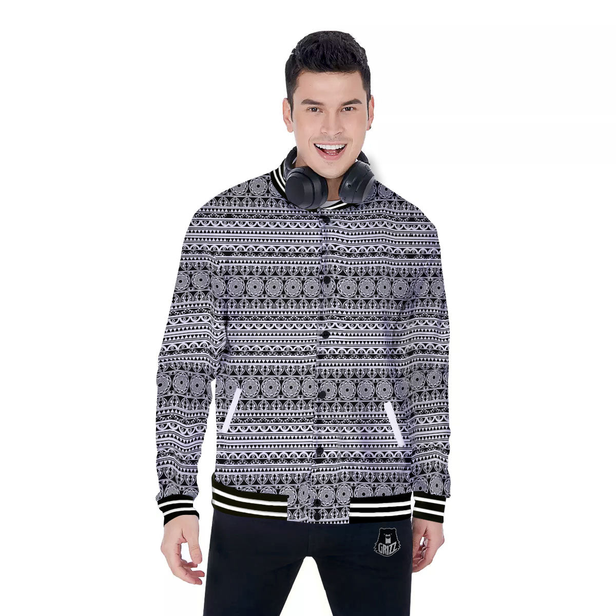 Maori Tribal White And Black Print Baseball Jacket-grizzshop