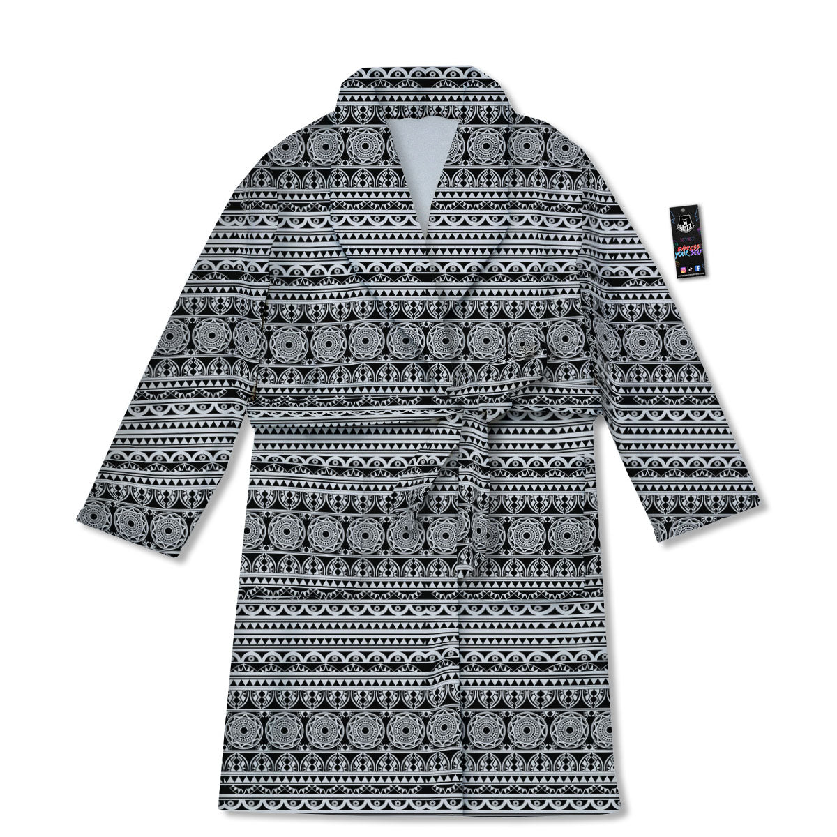 Maori Tribal White And Black Print Bathrobe-grizzshop