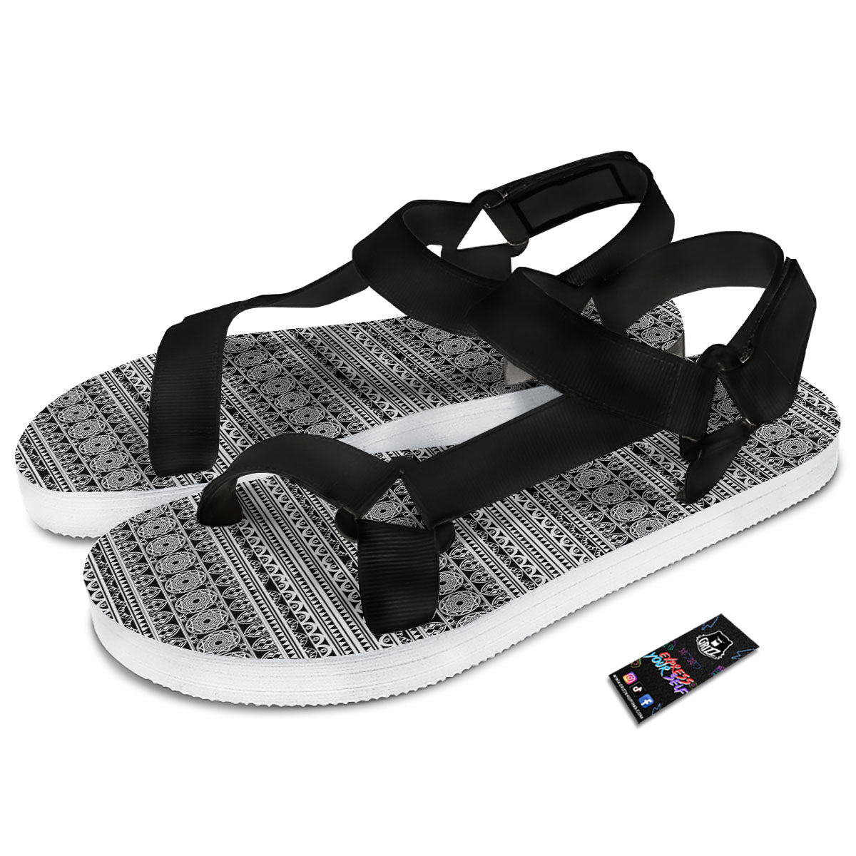 Maori Tribal White And Black Print Black Open Toe Sandals-grizzshop