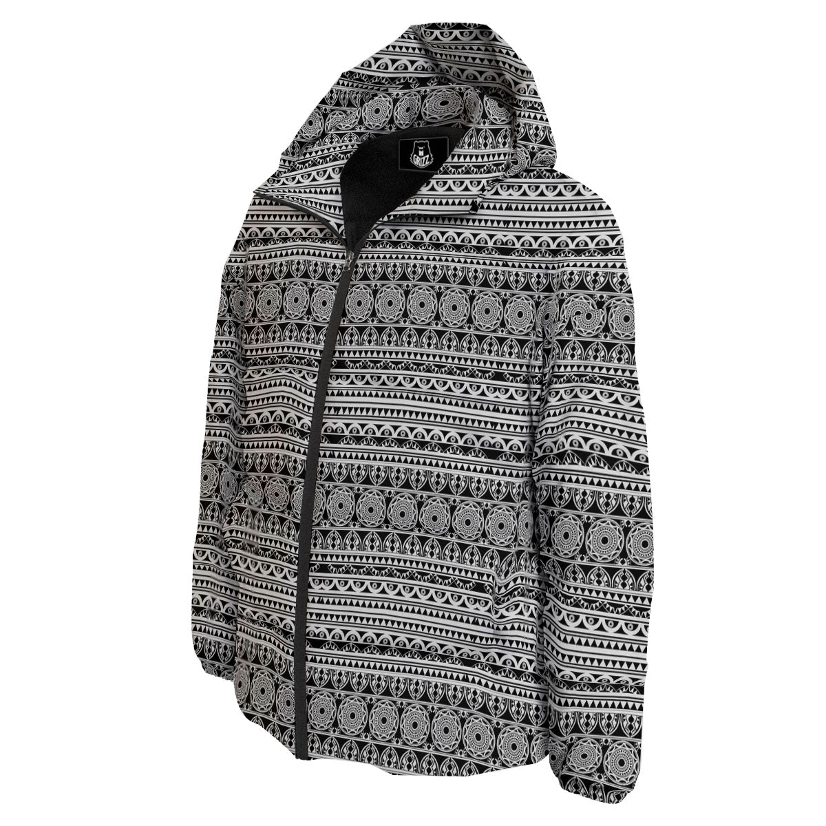 Maori Tribal White And Black Print Down Jacket-grizzshop