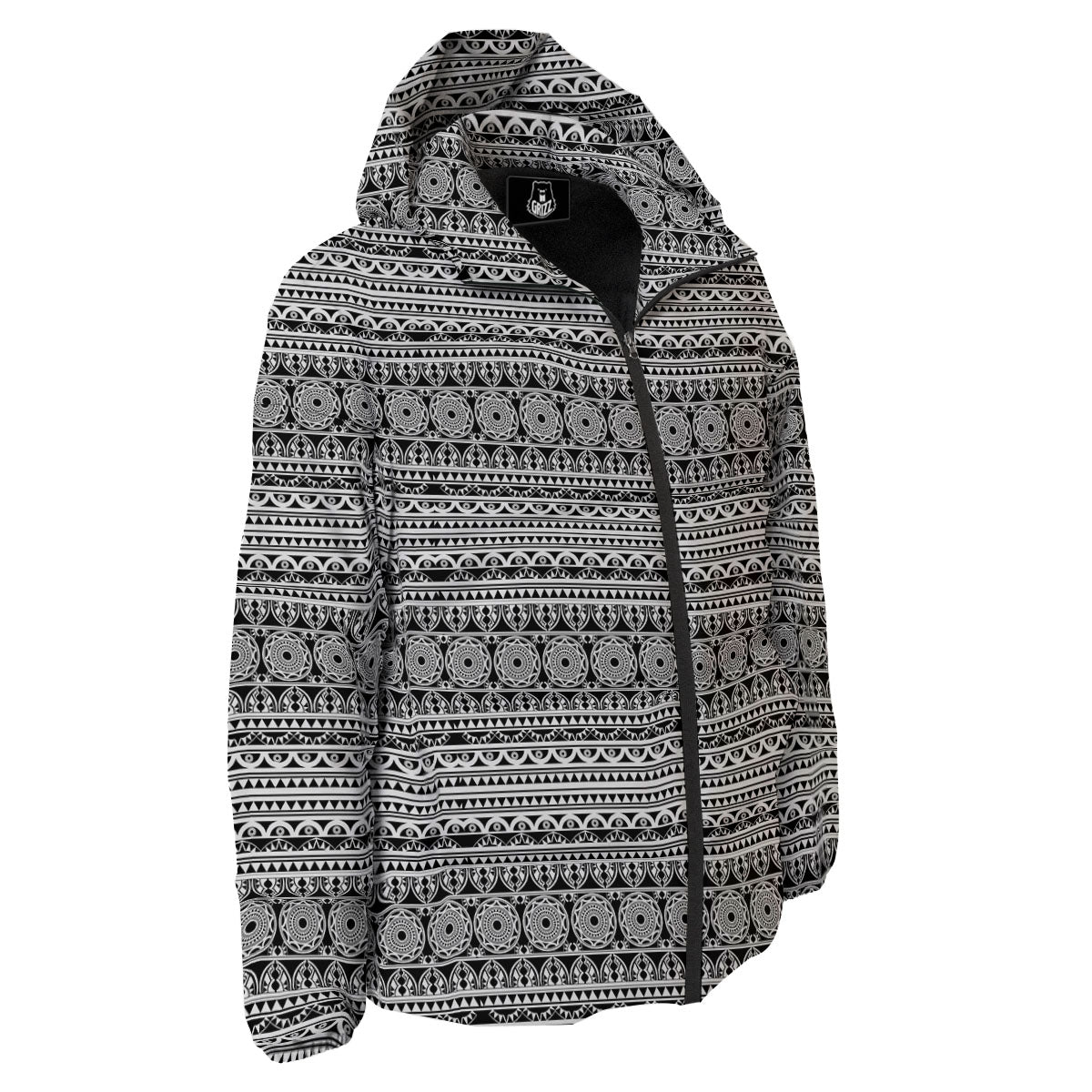 Maori Tribal White And Black Print Down Jacket-grizzshop