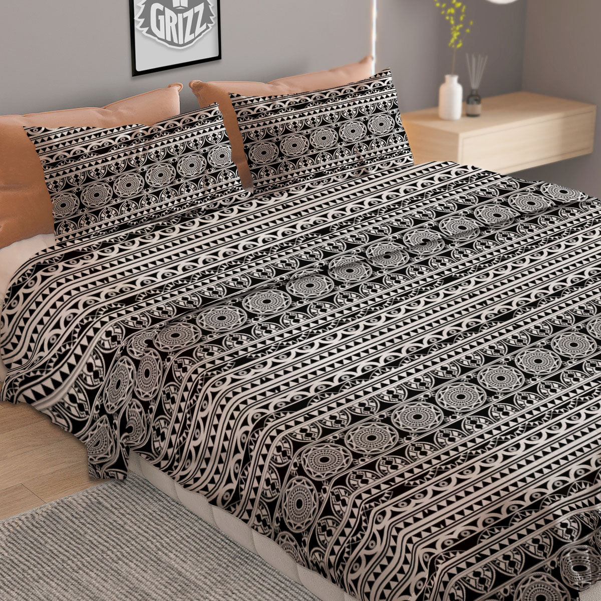 Maori Tribal White And Black Print Duvet Cover Bedding Set