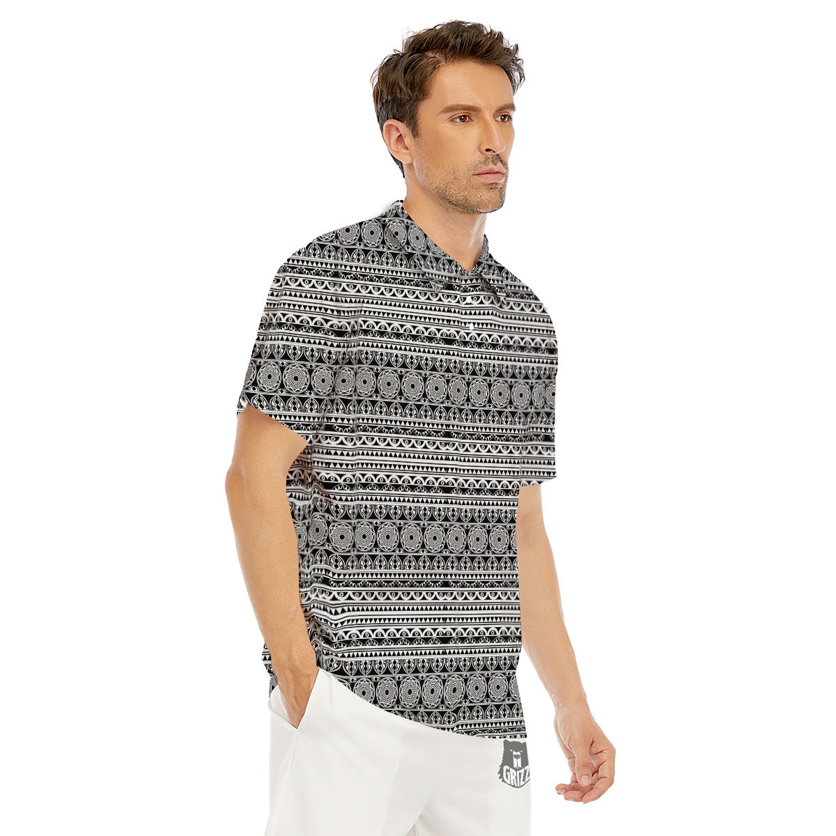 Maori Tribal White And Black Print Men's Golf Shirts-grizzshop