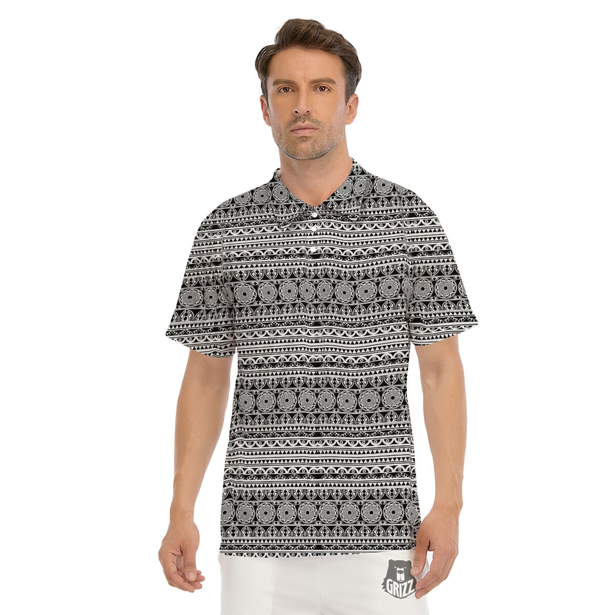 Maori Tribal White And Black Print Men's Golf Shirts-grizzshop
