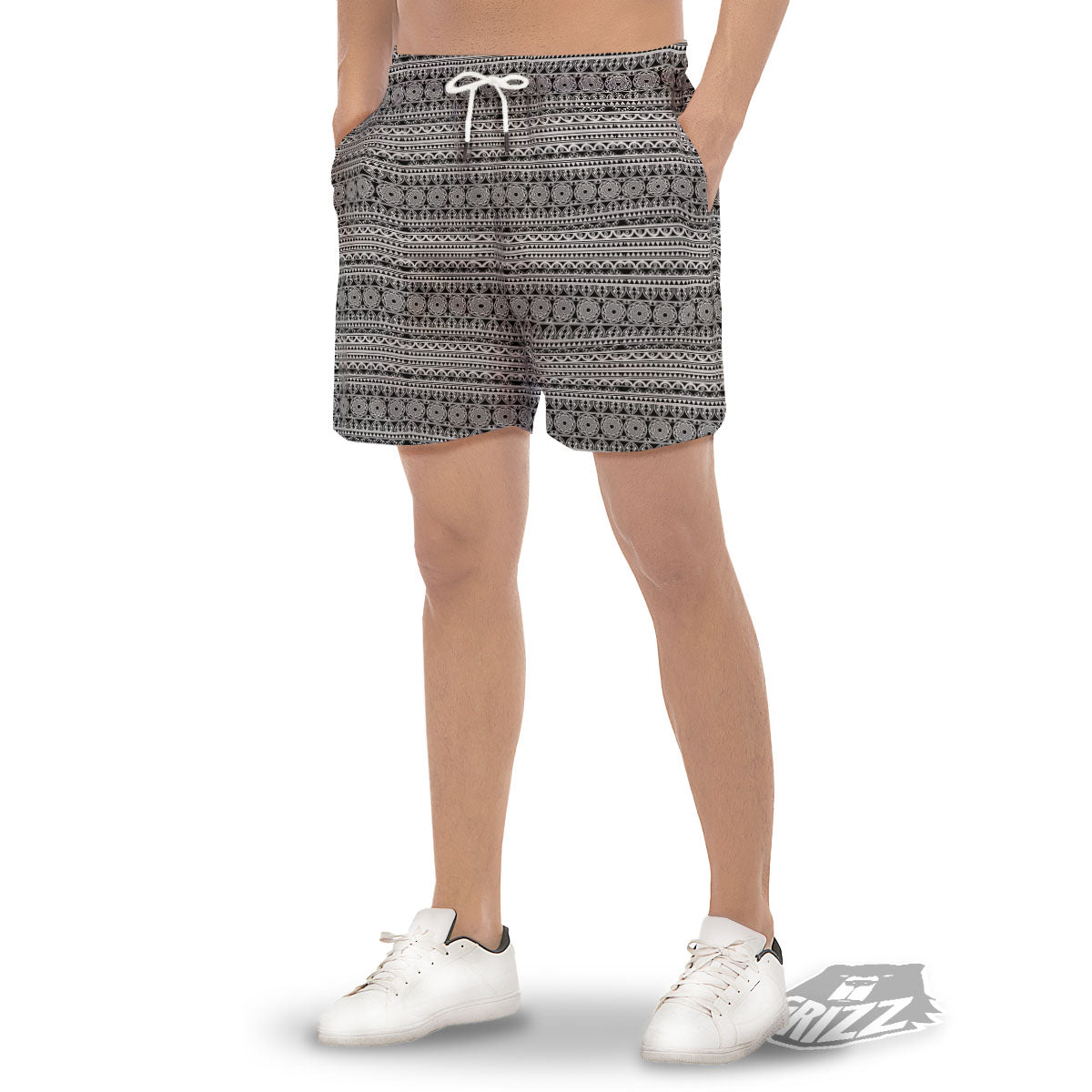 Maori Tribal White And Black Print Men's Gym Shorts-grizzshop