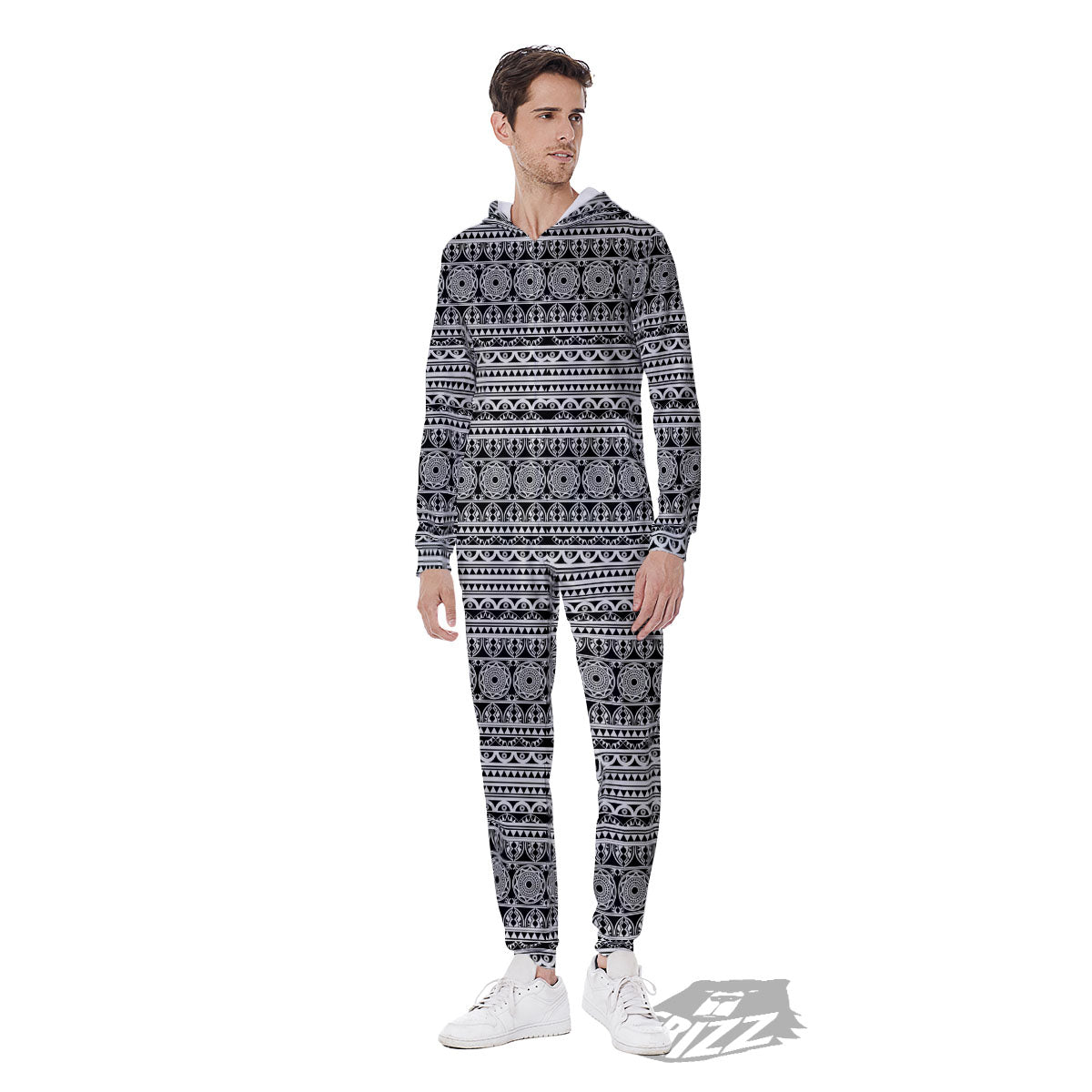 Maori Tribal White And Black Print Men's Jumpsuit-grizzshop