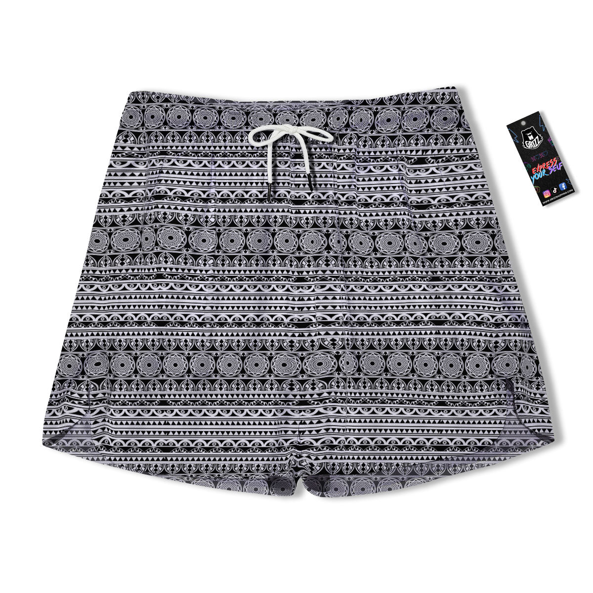 Maori Tribal White And Black Print Men's Running Shorts-grizzshop