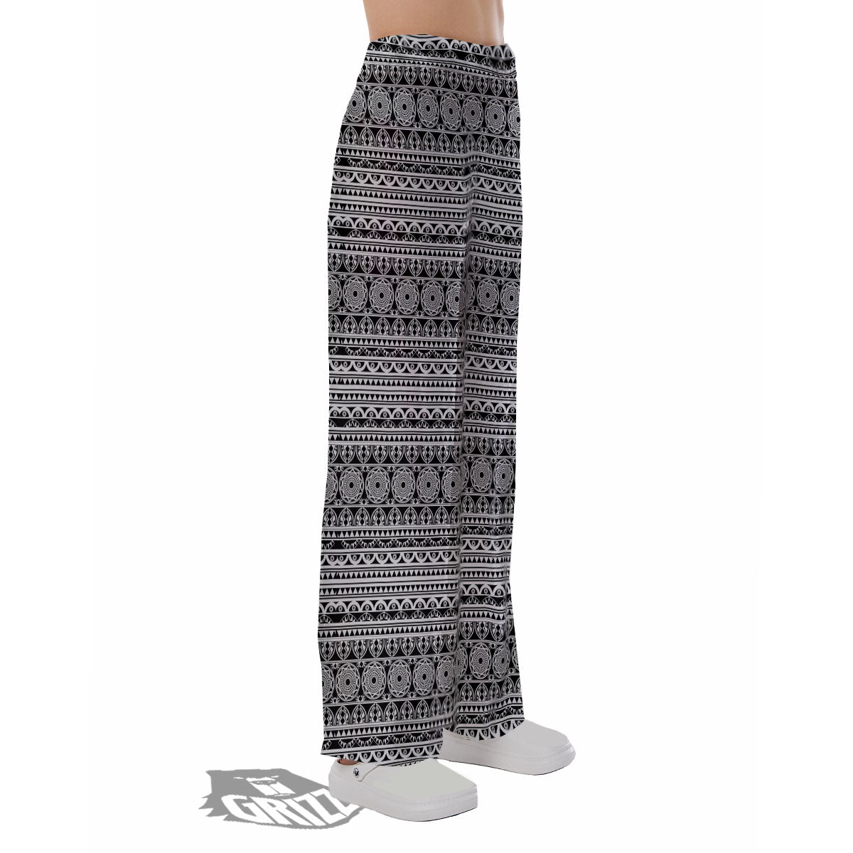Maori Tribal White And Black Print Pajama Pants-grizzshop