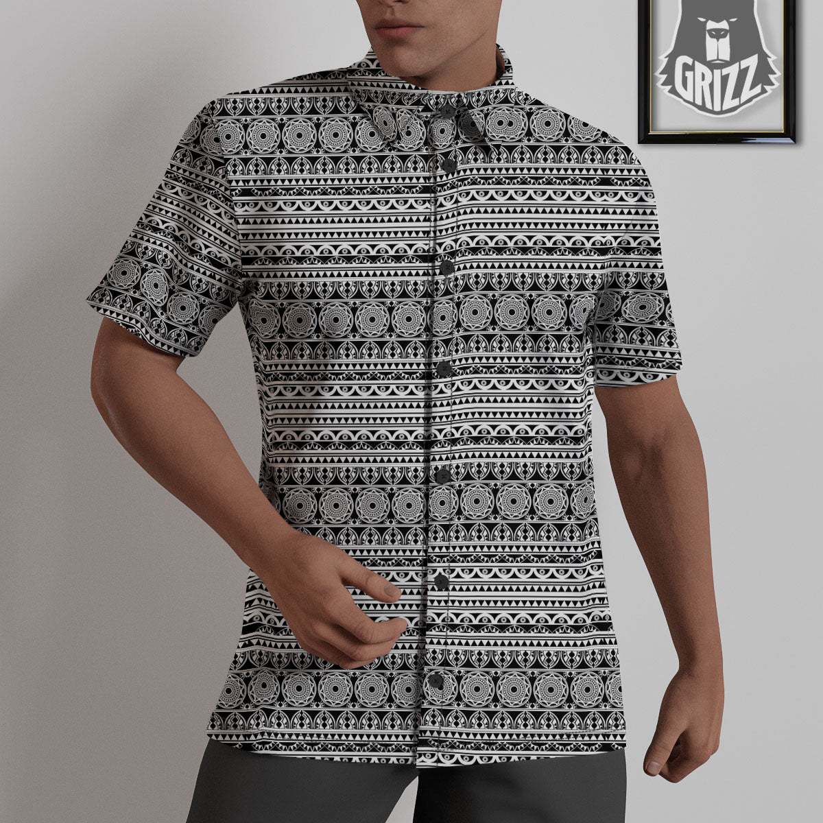 Maori Tribal White And Black Print Untucked Shirts-grizzshop