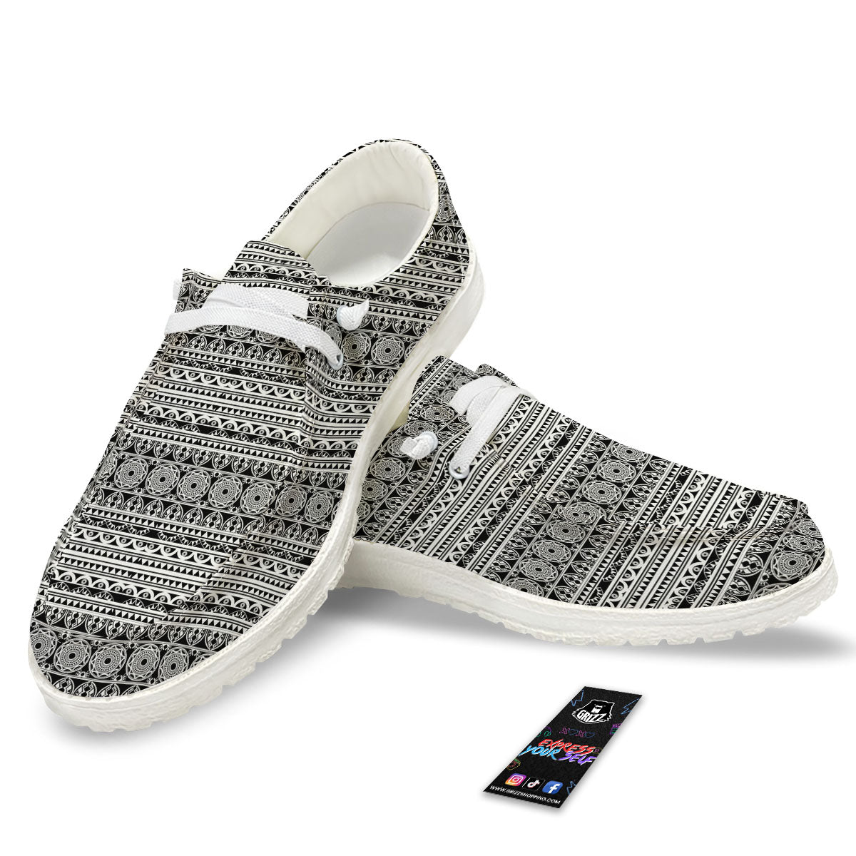 Maori Tribal White And Black Print White Loafers-grizzshop