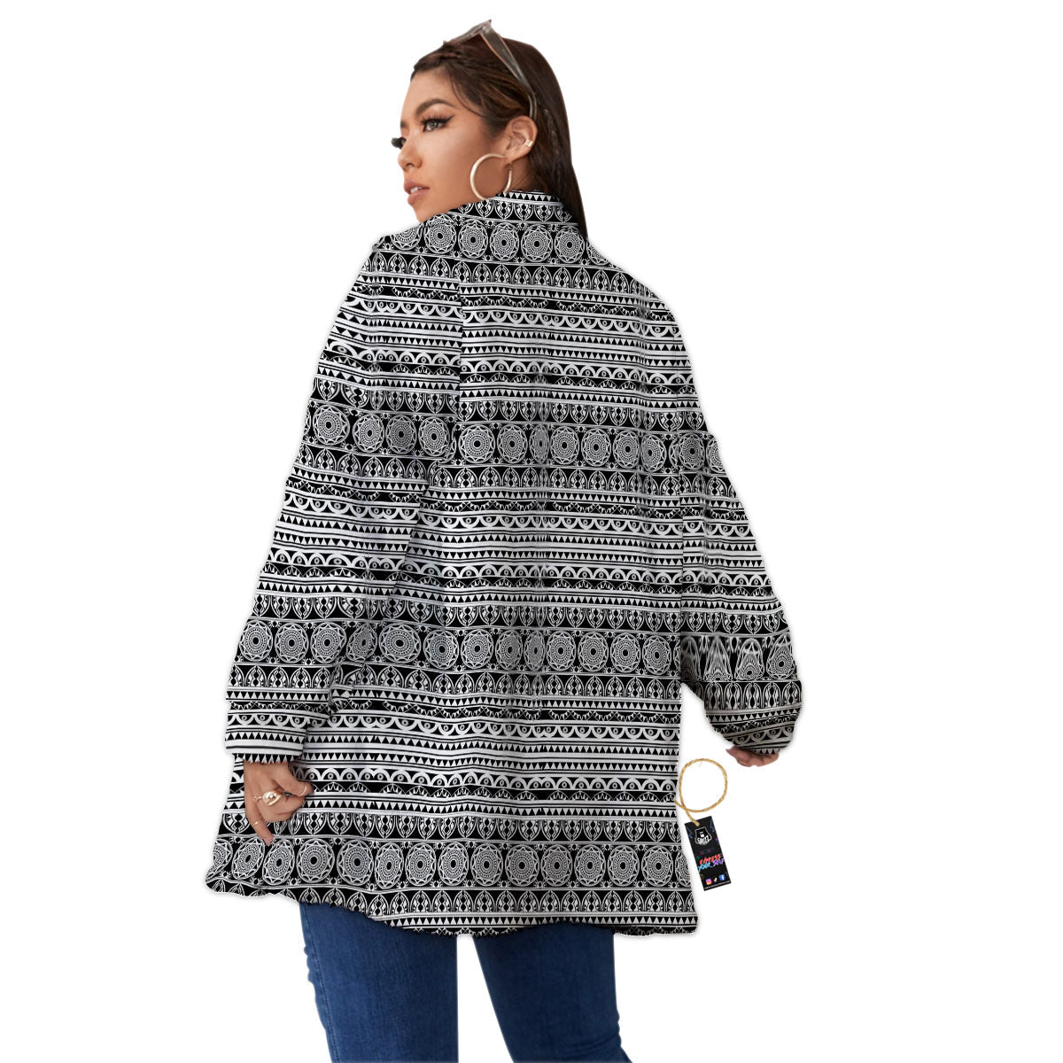 Maori Tribal White And Black Print Women's Sherpa Jacket-grizzshop