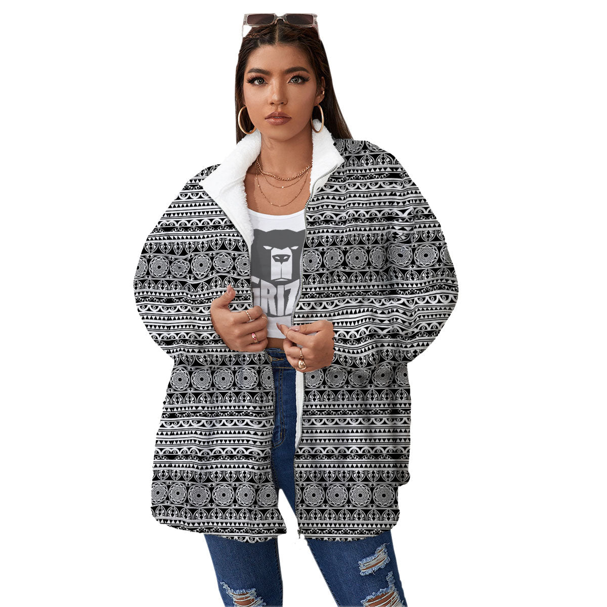 Maori Tribal White And Black Print Women's Sherpa Jacket-grizzshop
