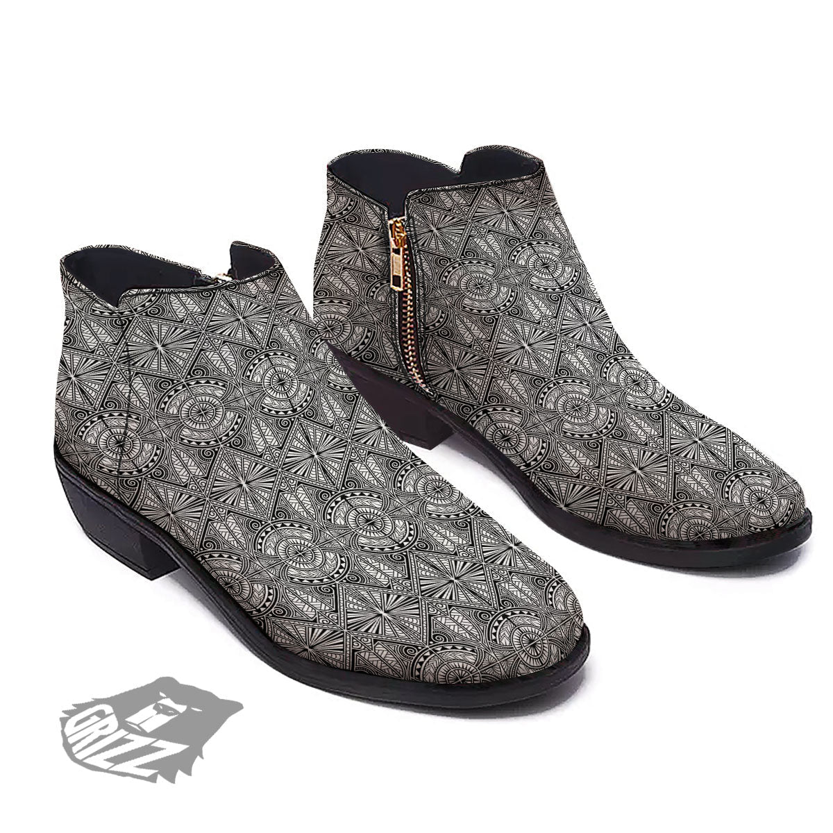 Maori White And Black Print Pattern Ankle Boots-grizzshop