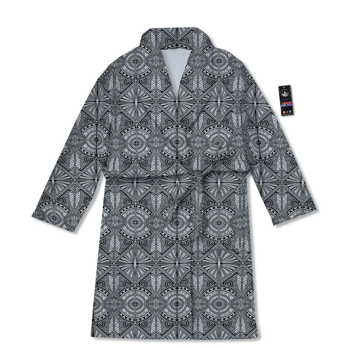 Maori White And Black Print Pattern Bathrobe-grizzshop