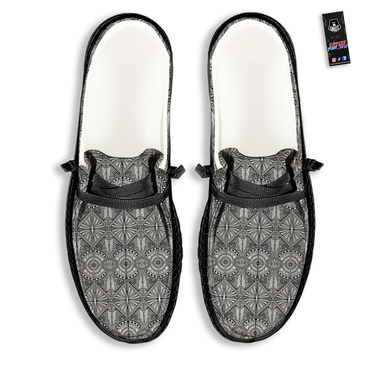 Maori White And Black Print Pattern Black Loafers-grizzshop