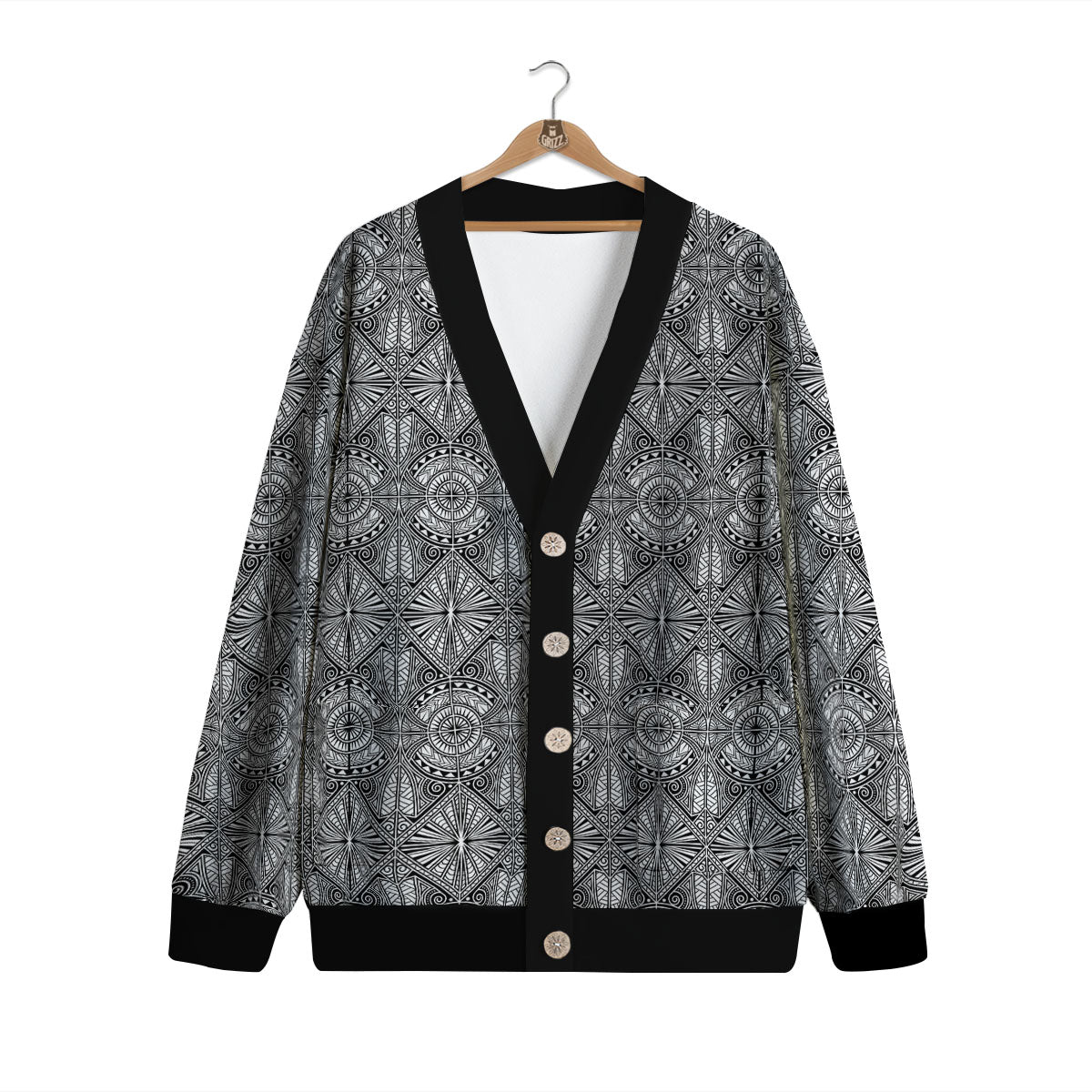 Maori White And Black Print Pattern Cardigan-grizzshop