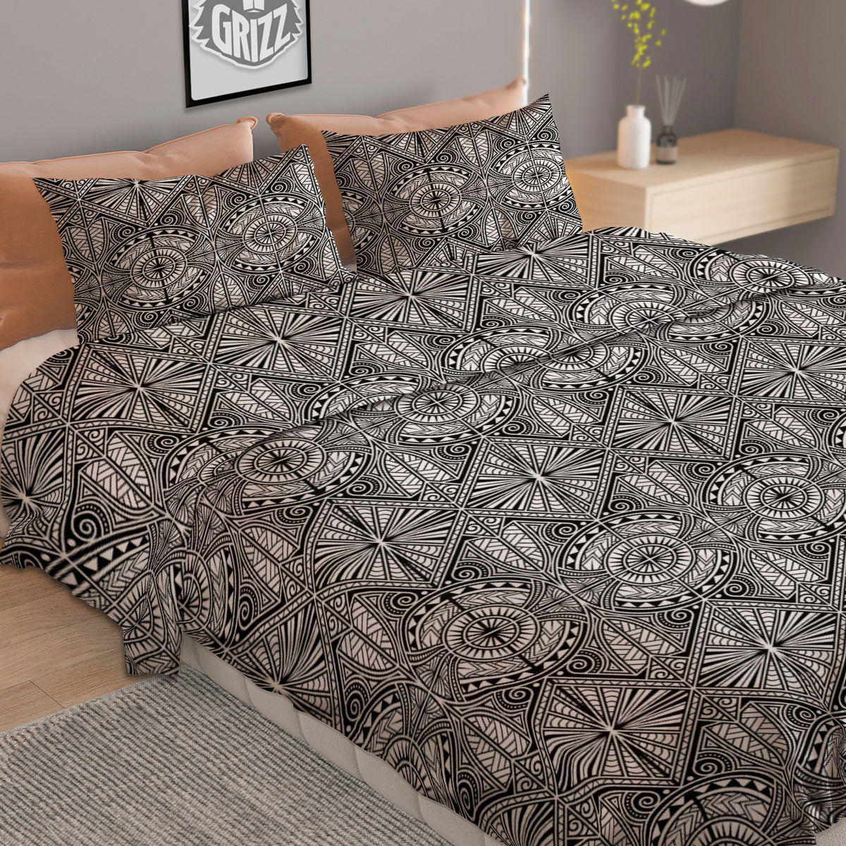 Maori White And Black Print Pattern Duvet Cover Bedding Set