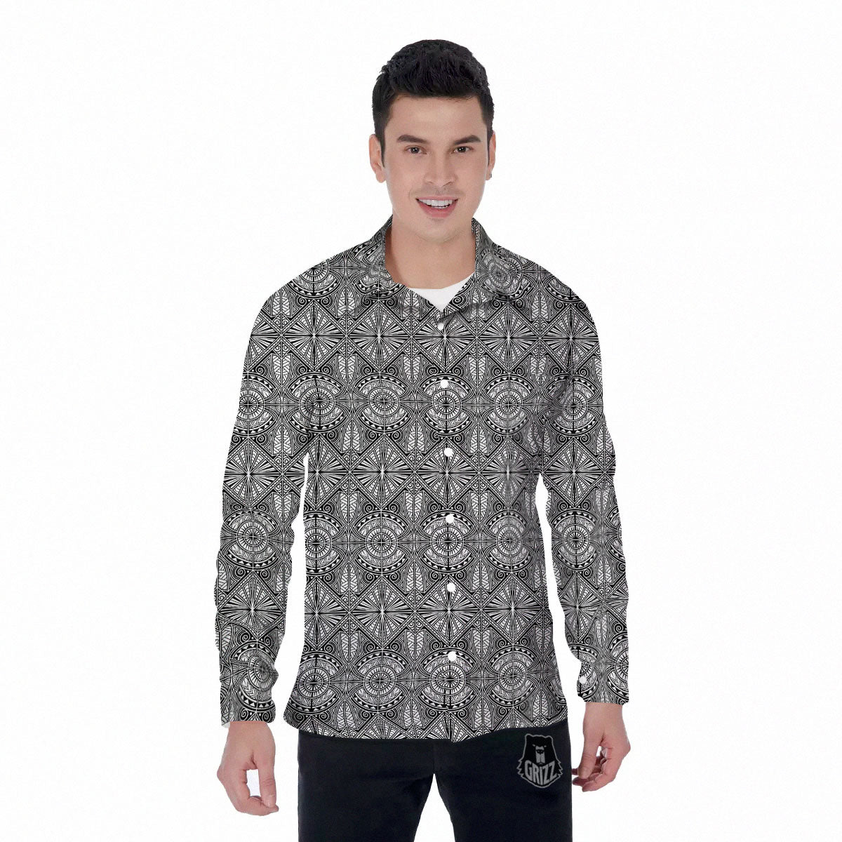 Maori White And Black Print Pattern Men's Long Sleeve Shirts-grizzshop
