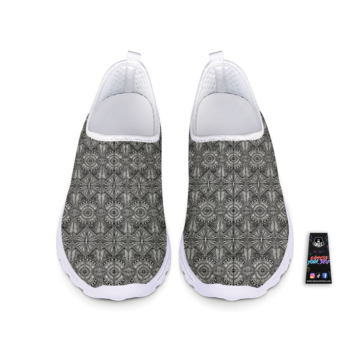Maori White And Black Print Pattern Nurse Shoes-grizzshop