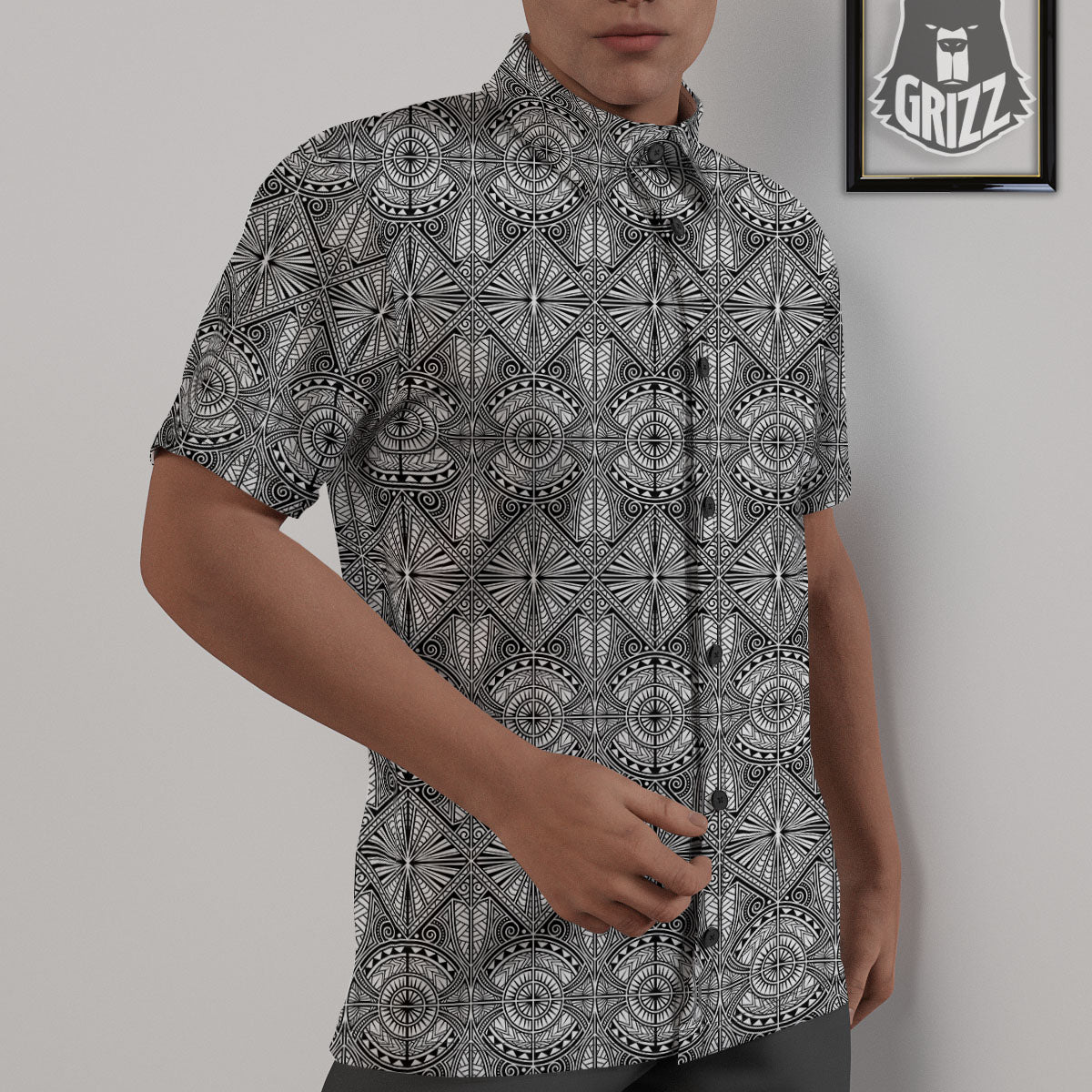 Maori White And Black Print Pattern Untucked Shirts-grizzshop