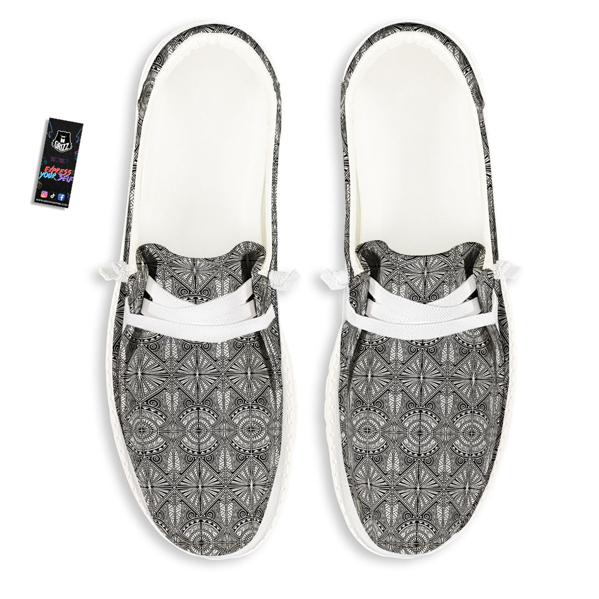 Maori White And Black Print Pattern White Loafers-grizzshop