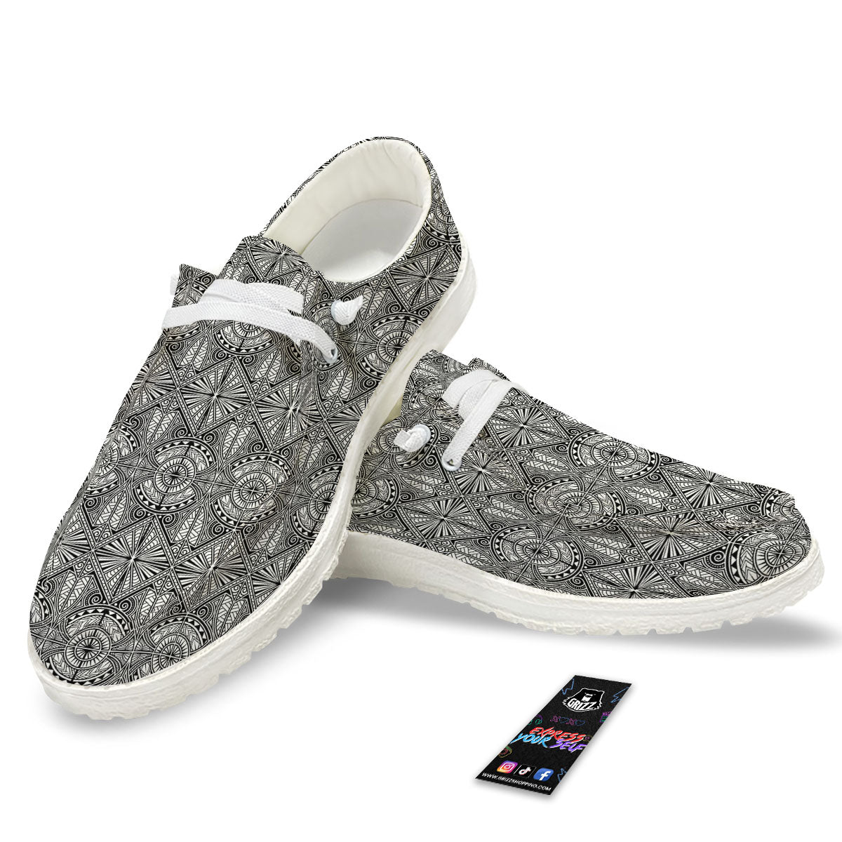 Maori White And Black Print Pattern White Loafers-grizzshop