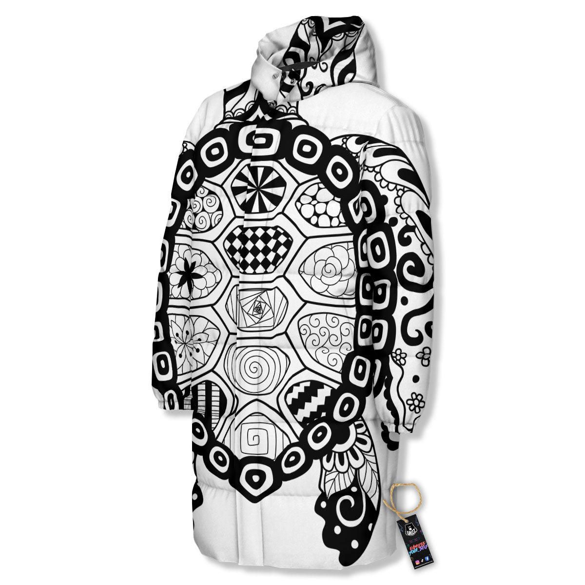 Maori Sea Turtle White And Black Print Long Down Jacket