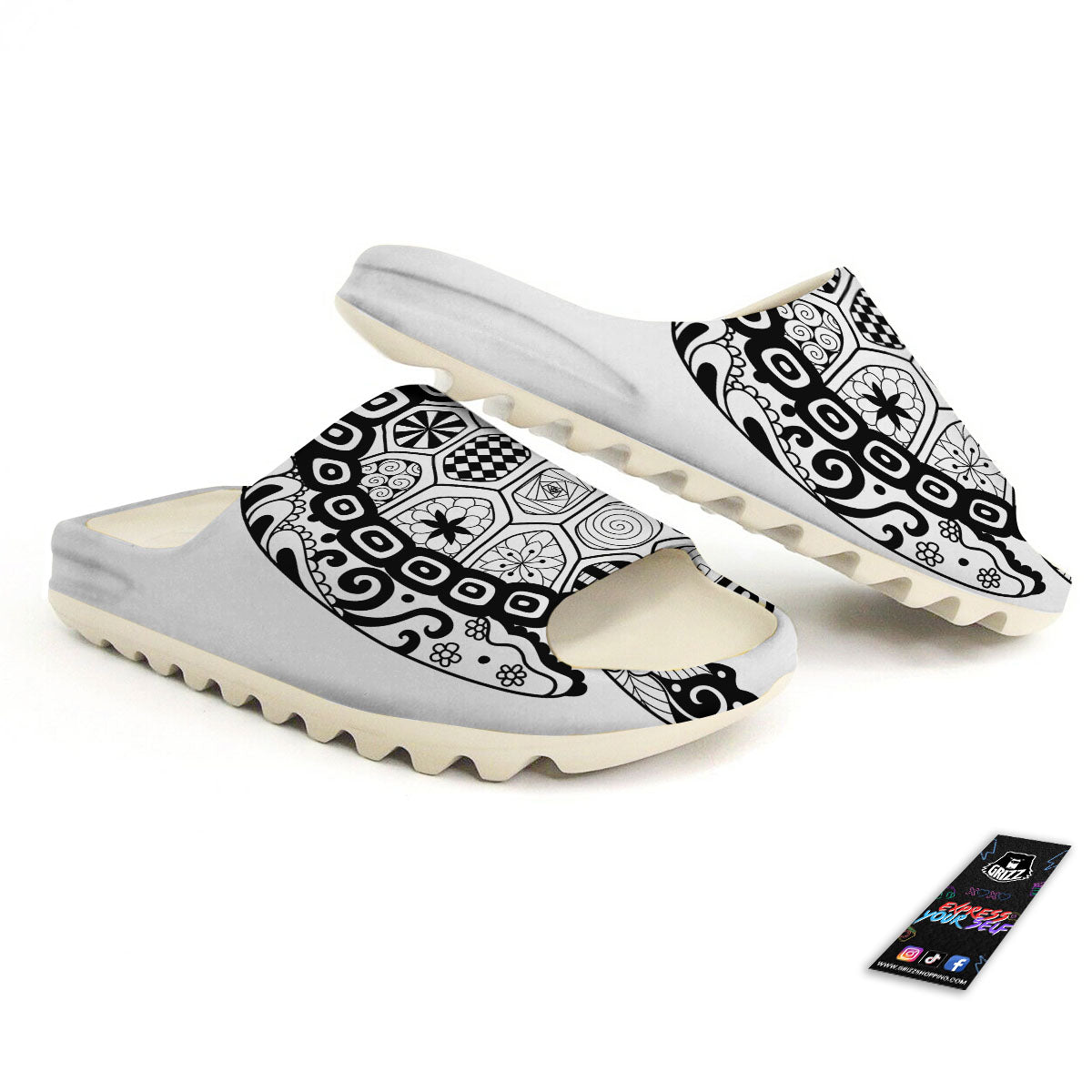 Maori Sea Turtle White And Black Print Sandals-grizzshop