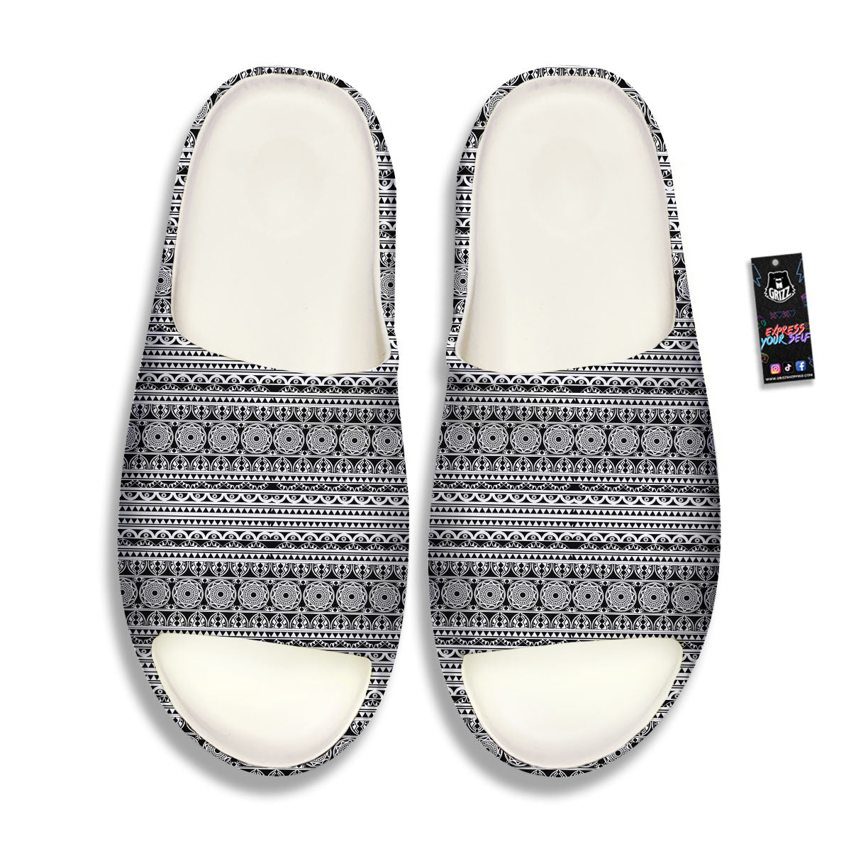 Maori Tribal White And Black Print Sandals-grizzshop