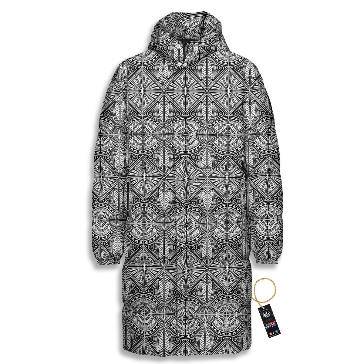 Maori White And Black Print Pattern Long Down Jacket