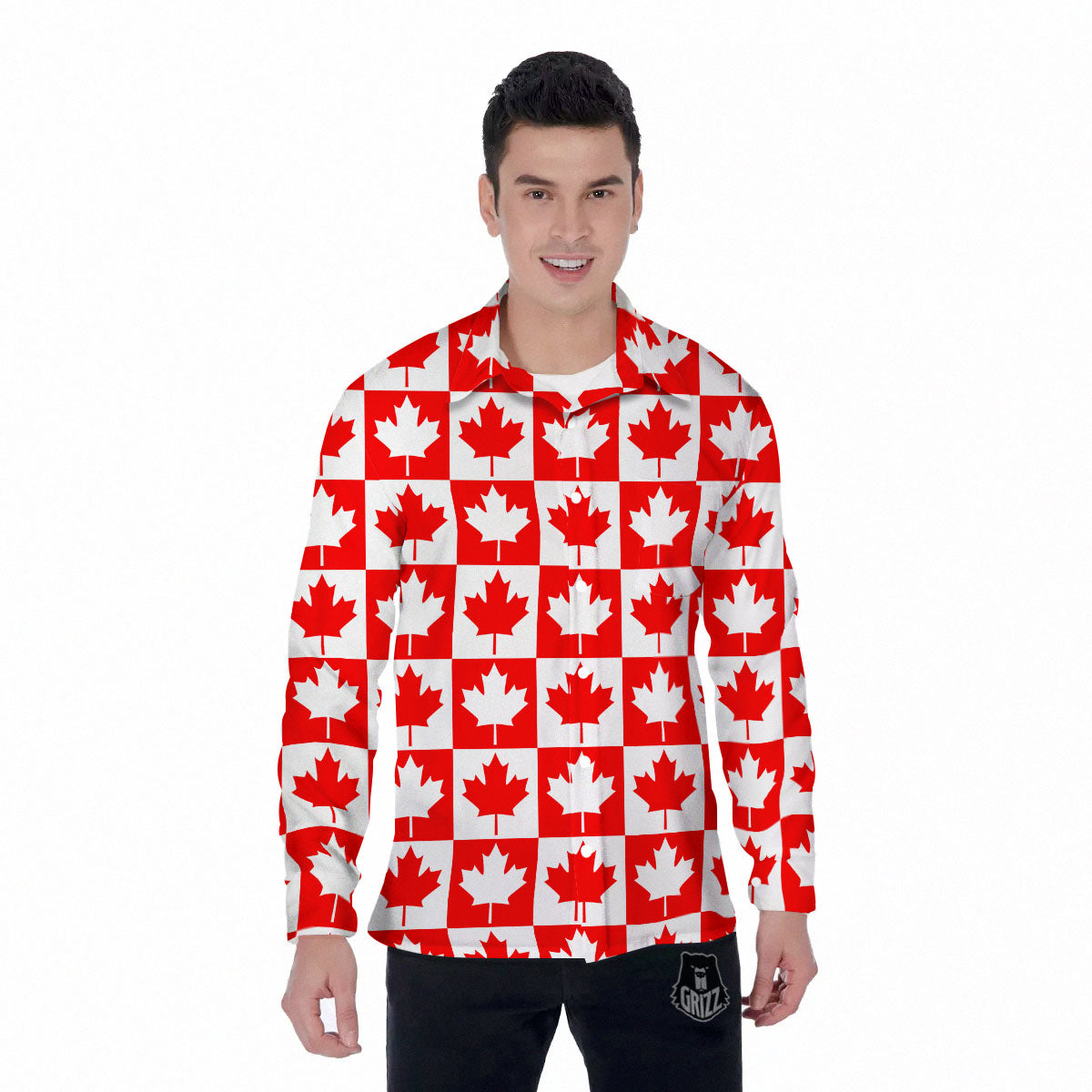 Maple Leaf Canada Print Pattern Men's Long Sleeve Shirts-grizzshop