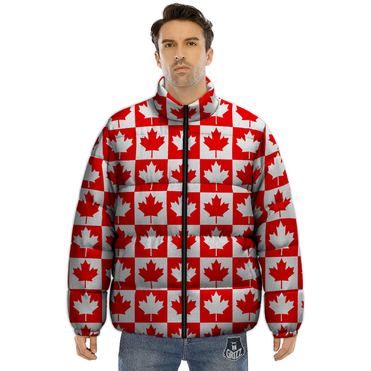 Maple Leaf Canada Print Pattern Puffer Jacket-grizzshop
