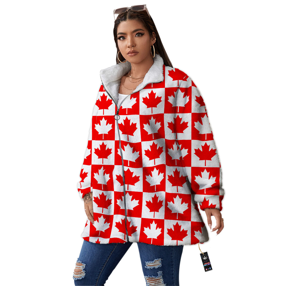 Maple Leaf Canada Print Pattern Women's Sherpa Jacket-grizzshop